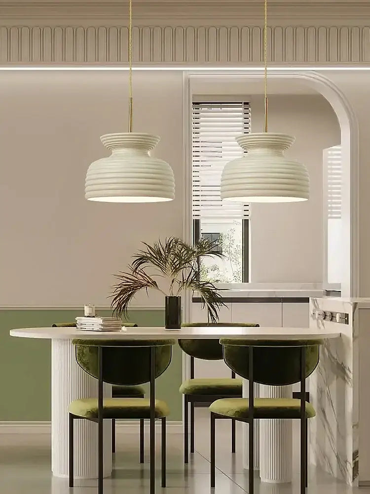 Decorbites french minimalist off-white ribbed chandelier dining room