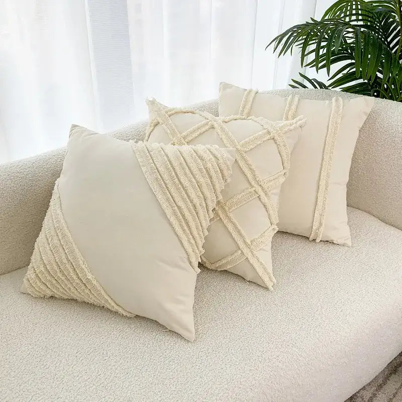 Decorbites fringed geometry cream embroidered cushion cover living room
