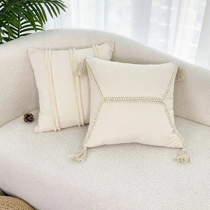Decorbites fringed geometry cream embroidered cushion cover living room