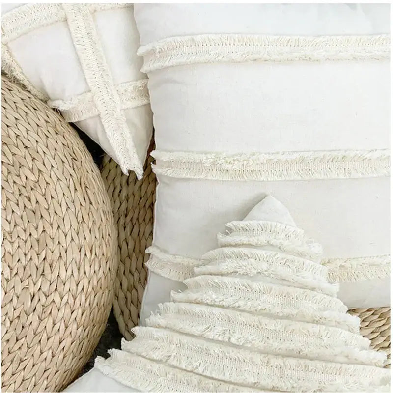 Decorbites fringed geometry cream embroidered cushion cover living room