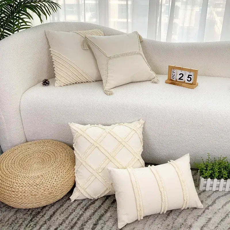 Decorbites fringed geometry cream embroidered cushion cover living room
