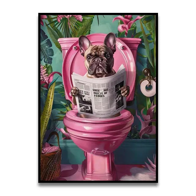 Funny golden retriever on pink toilet bathroom canvas wall art