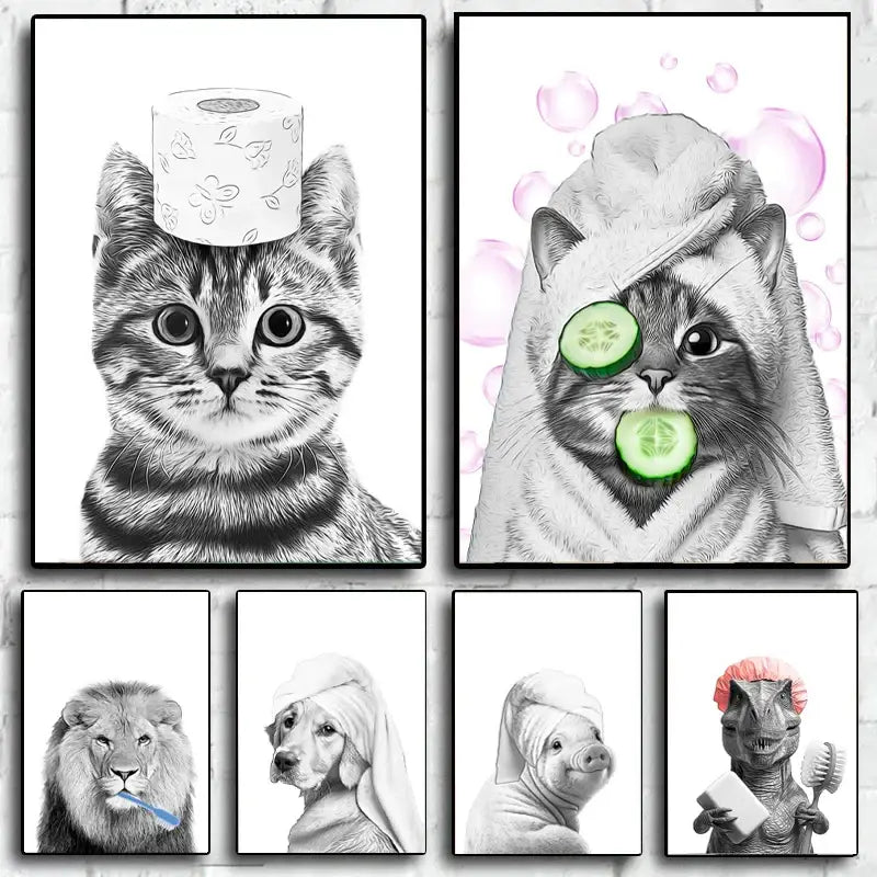 Funny black and white animal wall art canvas bathroom poster