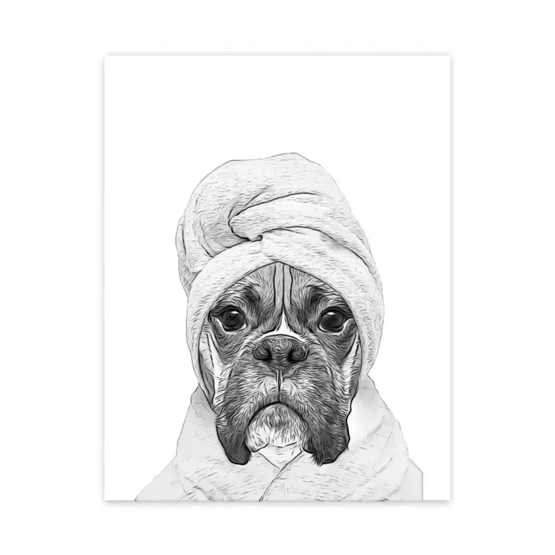 Funny boxer dog in towel bathroom wall art canvas print