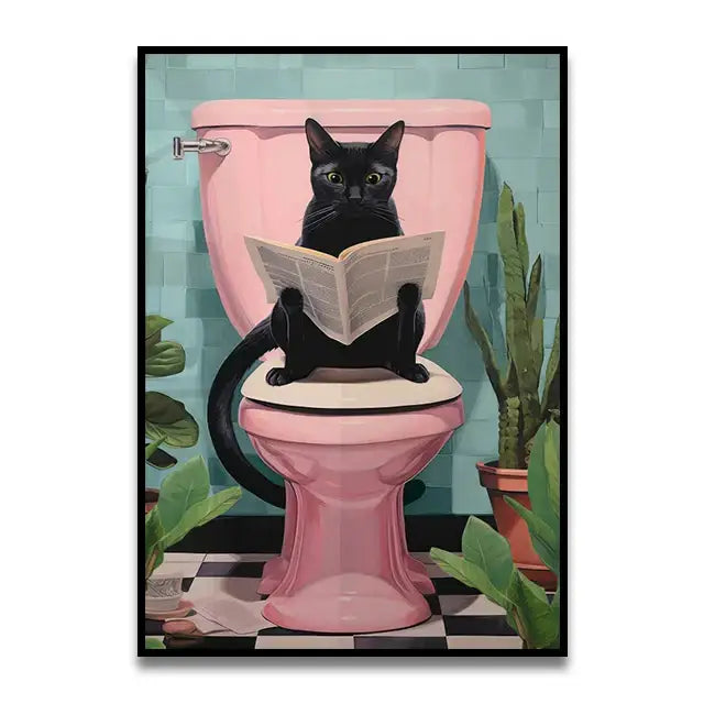Whimsical gray cat reading newspaper bathroom canvas wall art