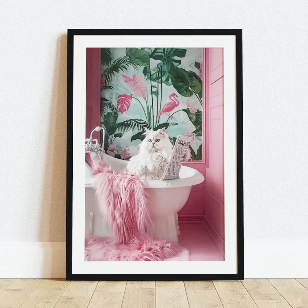 Whimsical gray cat reading newspaper bathroom canvas wall art
