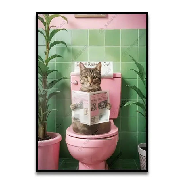 Whimsical gray cat reading newspaper bathroom canvas wall art