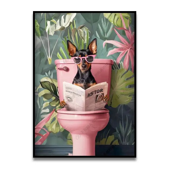 Whimsical gray cat reading newspaper bathroom canvas wall art