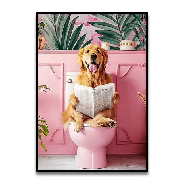 Whimsical gray cat reading newspaper bathroom canvas wall art