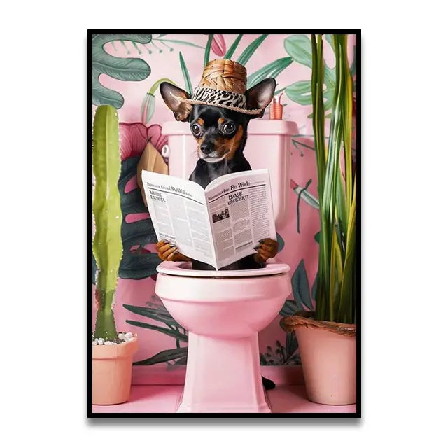 Funny french bulldog pink toilet canvas wall art bathroom decor