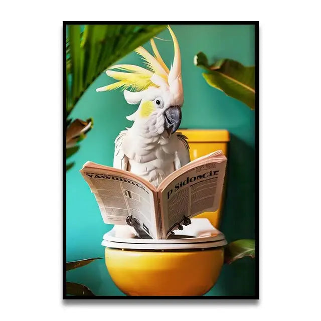 Funny dog reading newspaper pink bathroom canvas wall art