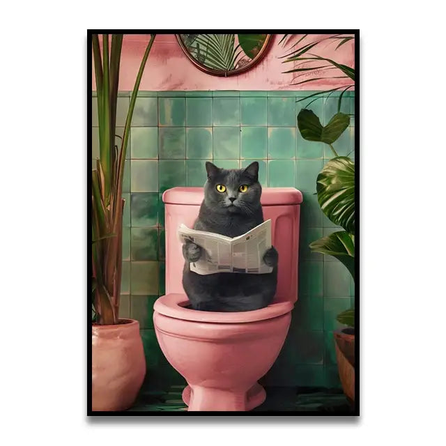 Whimsical giraffe on toilet canvas wall art for bathroom