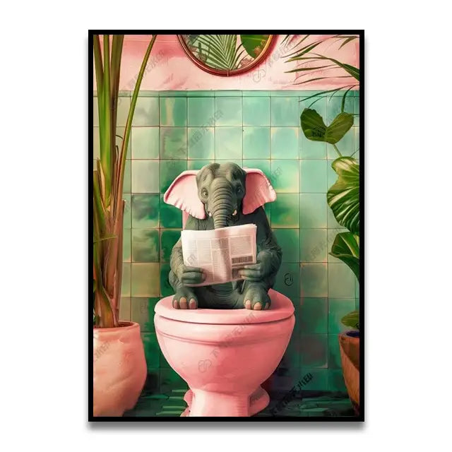 Whimsical giraffe on toilet canvas wall art for bathroom