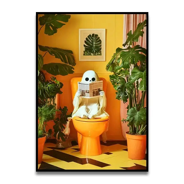 Whimsical giraffe on toilet canvas wall art for bathroom