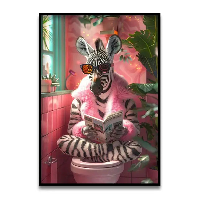 Funny dog reading newspaper pink bathroom canvas wall art