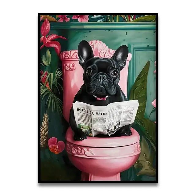 Whimsical teal giraffe bathroom wall art reading newspaper