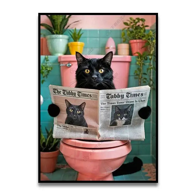 Whimsical teal giraffe bathroom wall art reading newspaper