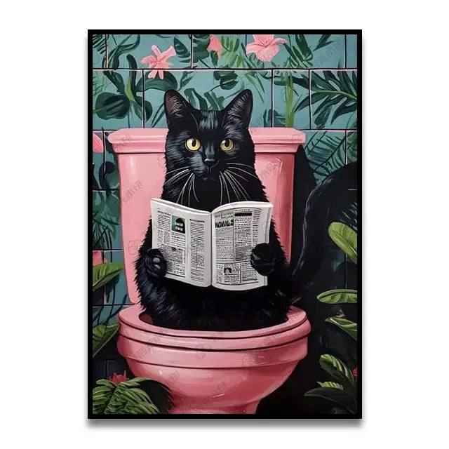 Funny black cat reading newspaper canvas bathroom wall art