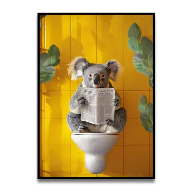 Funny black cat reading newspaper canvas bathroom wall art