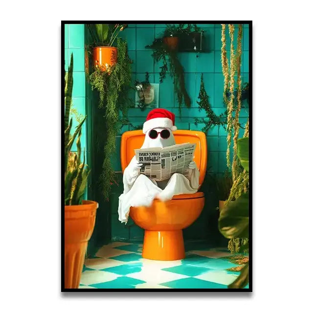 Funny black cat reading newspaper canvas bathroom wall art