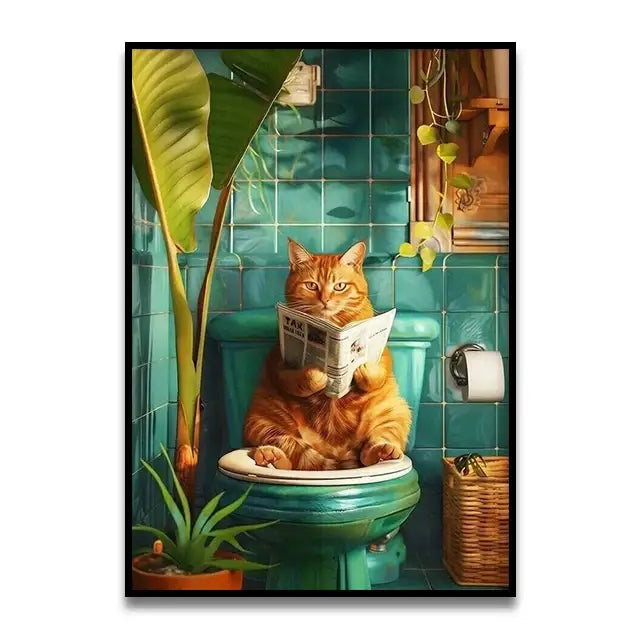 Funny black cat reading newspaper canvas bathroom wall art