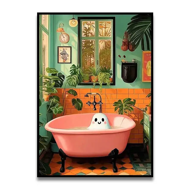 Whimsical teal giraffe bathroom wall art reading newspaper