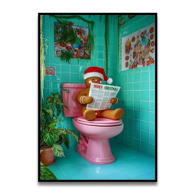 Funny black cat reading newspaper on toilet canvas wall art bathroom