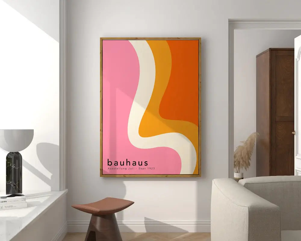 Geometric bauhaus canvas poster orange & pink wood framed wall art