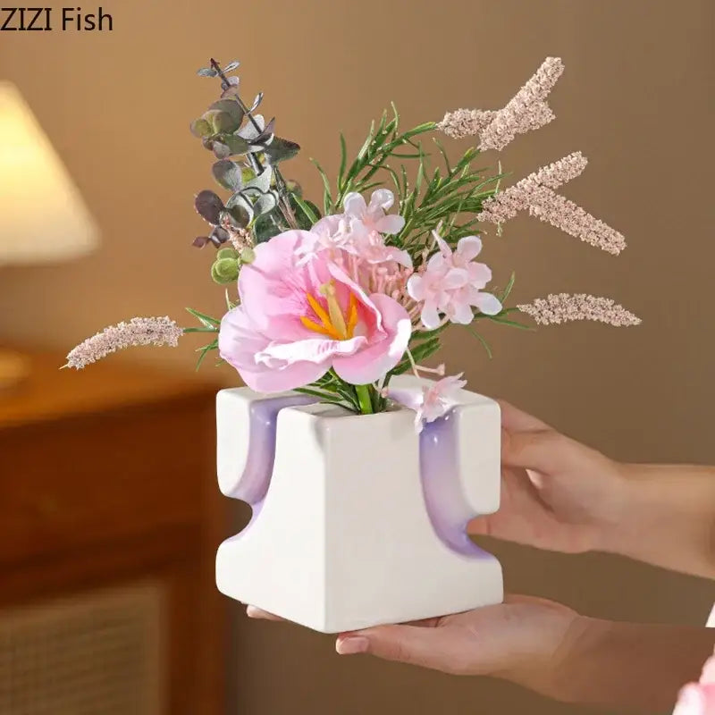 Decorbites geometric blocks white and purple vase living room decor