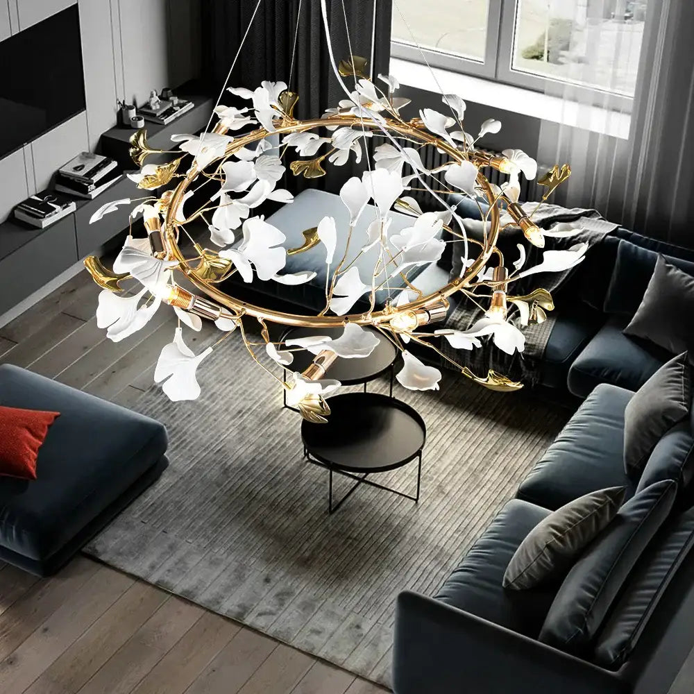 Elegant gold & white ginkgo leaf crystal chandelier living room light