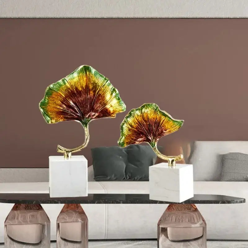 Iridescent gold & green ginkgo leaf metal sculpture living room decor