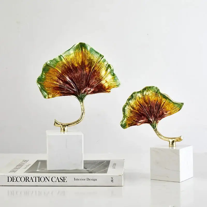 Iridescent gold & green ginkgo leaf metal sculpture living room decor
