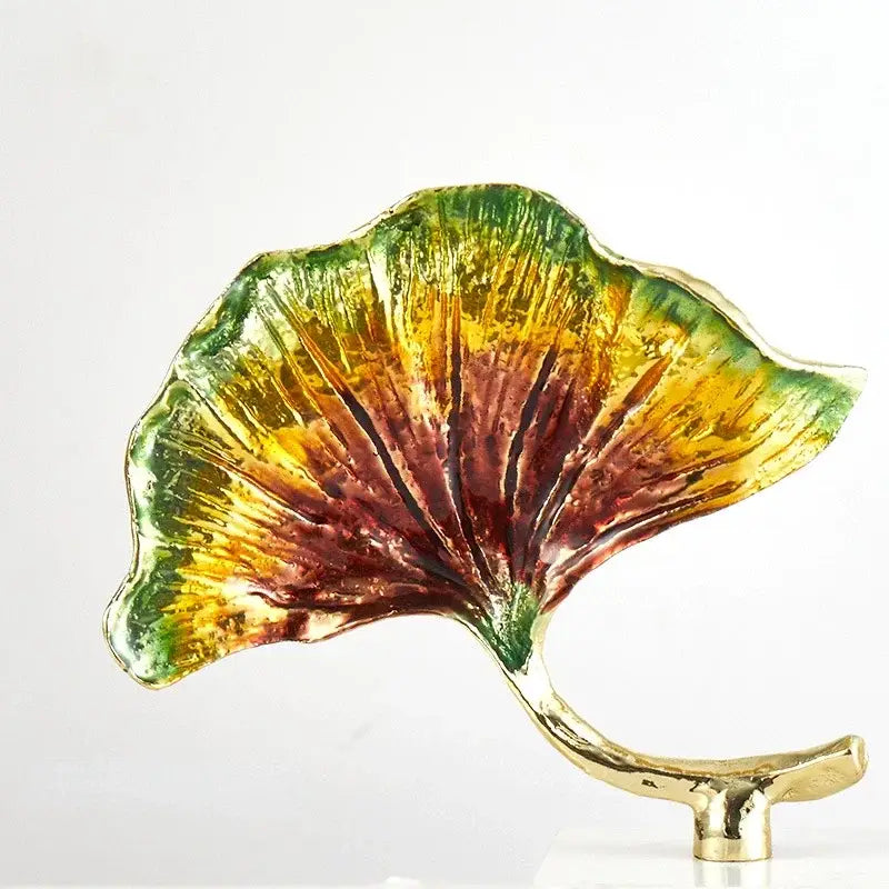 Iridescent gold & green ginkgo leaf metal sculpture living room decor