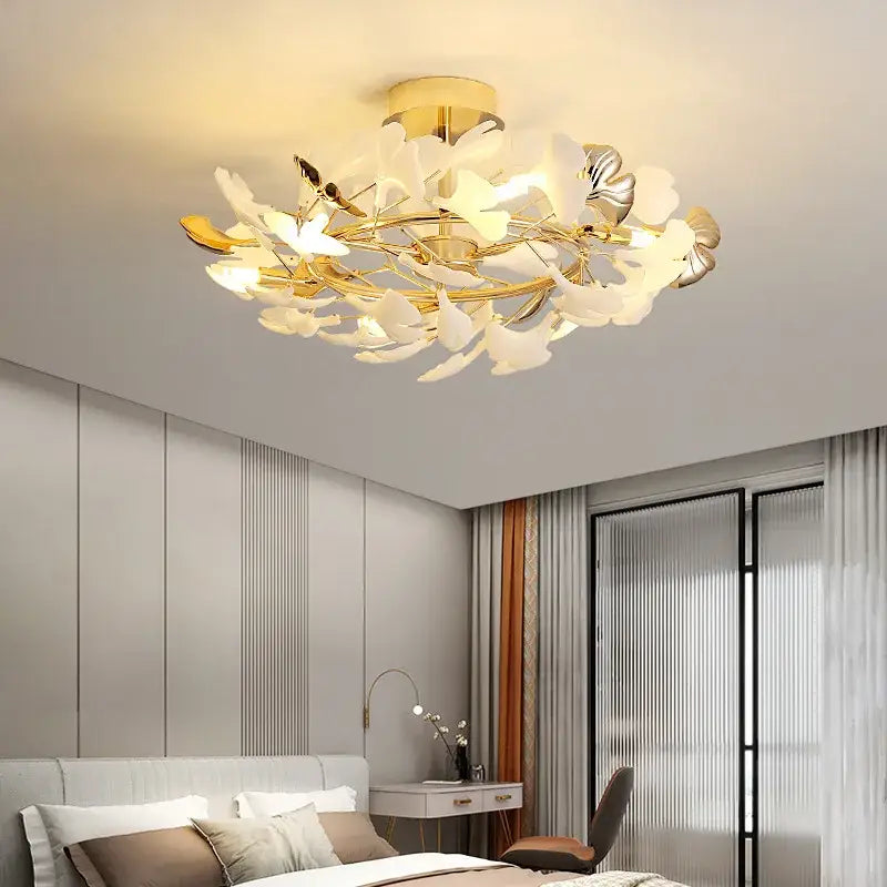 Nordic white & gold ginkgo leaf pendant chandelier dining room