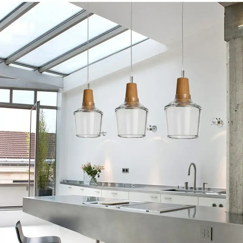 Modern retro smoked glass and wood pendant light dining room set