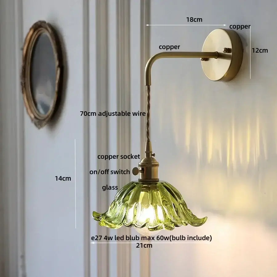 Antique brass green flower led wall sconce bedroom light with pull chain