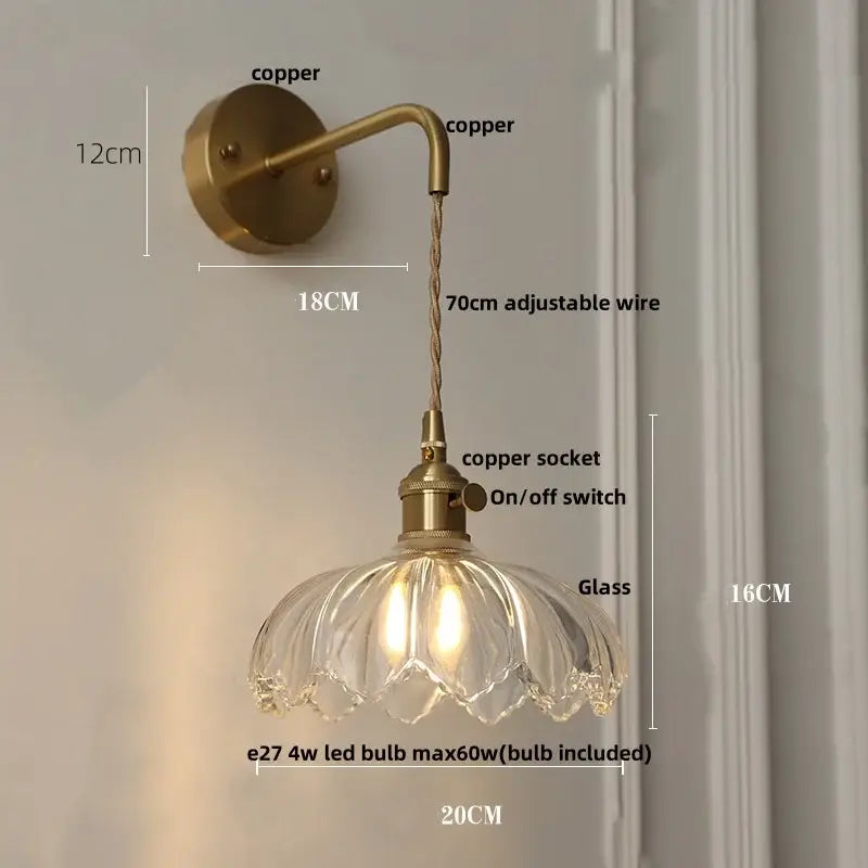 Antique brass green flower led wall sconce bedroom light with pull chain
