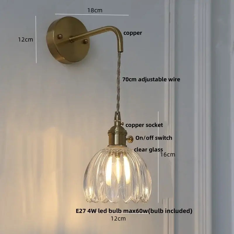 Antique brass green flower led wall sconce bedroom light with pull chain