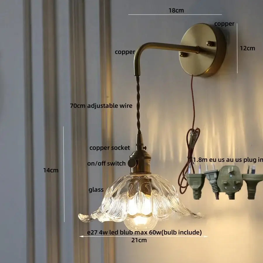 Antique brass green flower led wall sconce bedroom light with pull chain