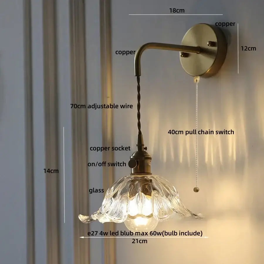 Antique brass green flower led wall sconce bedroom light with pull chain