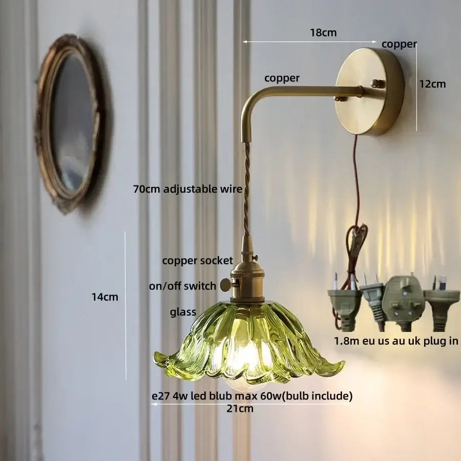 Antique brass green flower led wall sconce bedroom light with pull chain