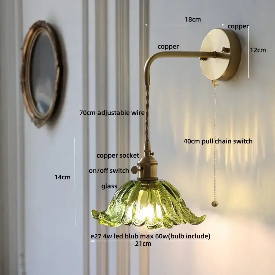 Antique brass green flower led wall sconce bedroom light with pull chain