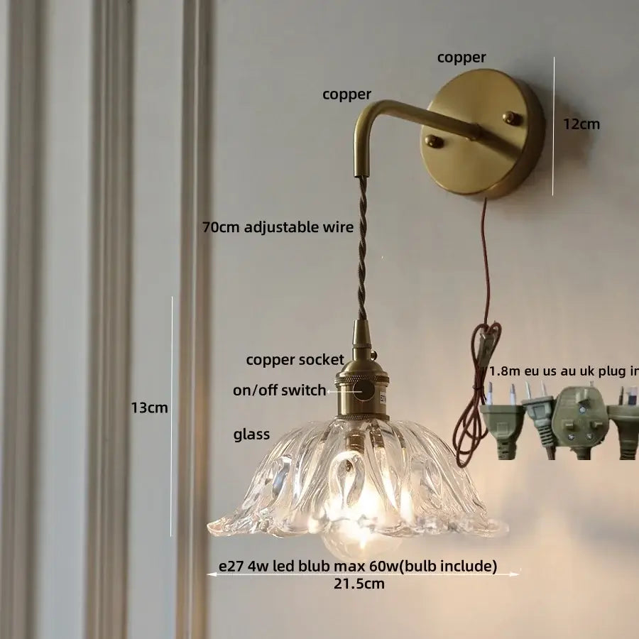 Antique brass green flower led wall sconce bedroom light with pull chain