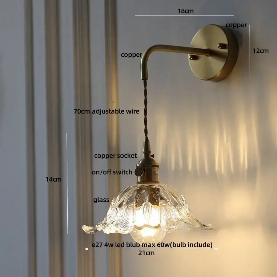 Antique brass green flower led wall sconce bedroom light with pull chain