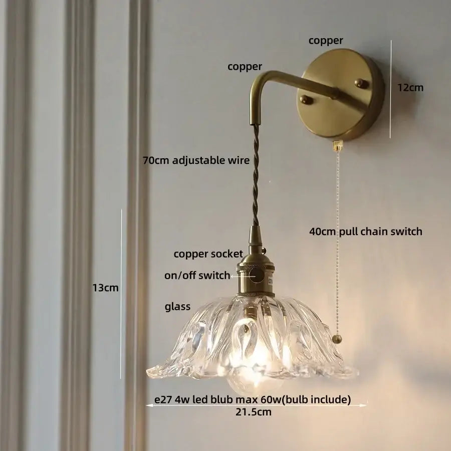 Antique brass green flower led wall sconce bedroom light with pull chain