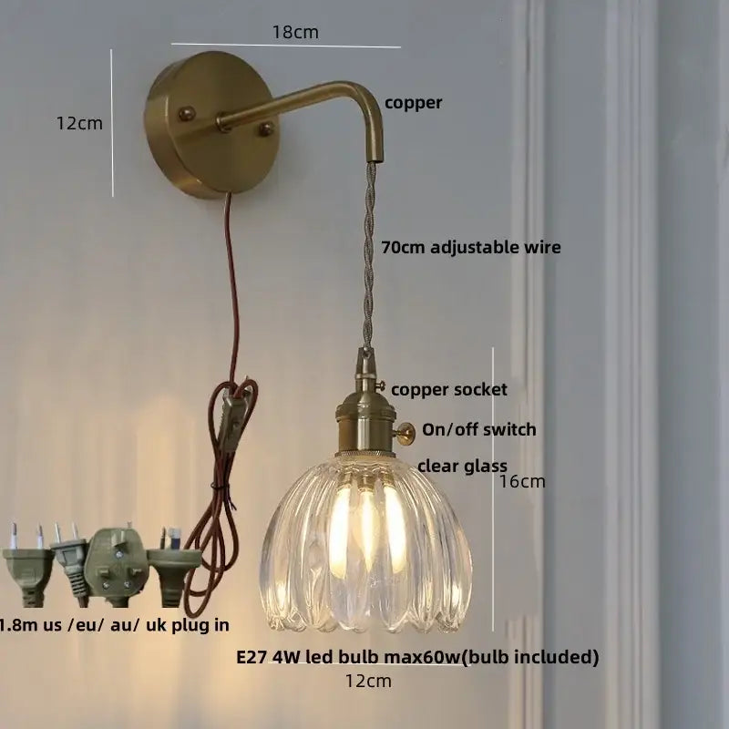 Antique brass green flower led wall sconce bedroom light with pull chain