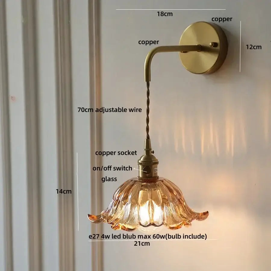 Antique brass green flower led wall sconce bedroom light with pull chain