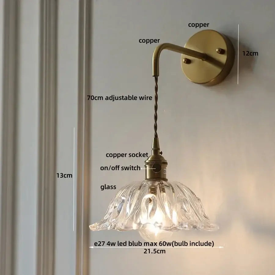 Antique brass green flower led wall sconce bedroom light with pull chain
