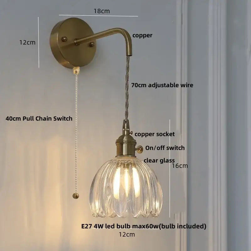 Antique brass green flower led wall sconce bedroom light with pull chain