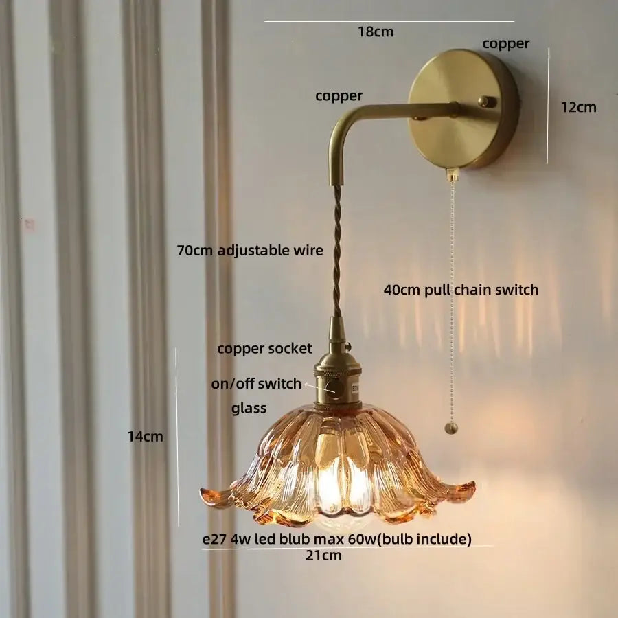 Antique brass green flower led wall sconce bedroom light with pull chain
